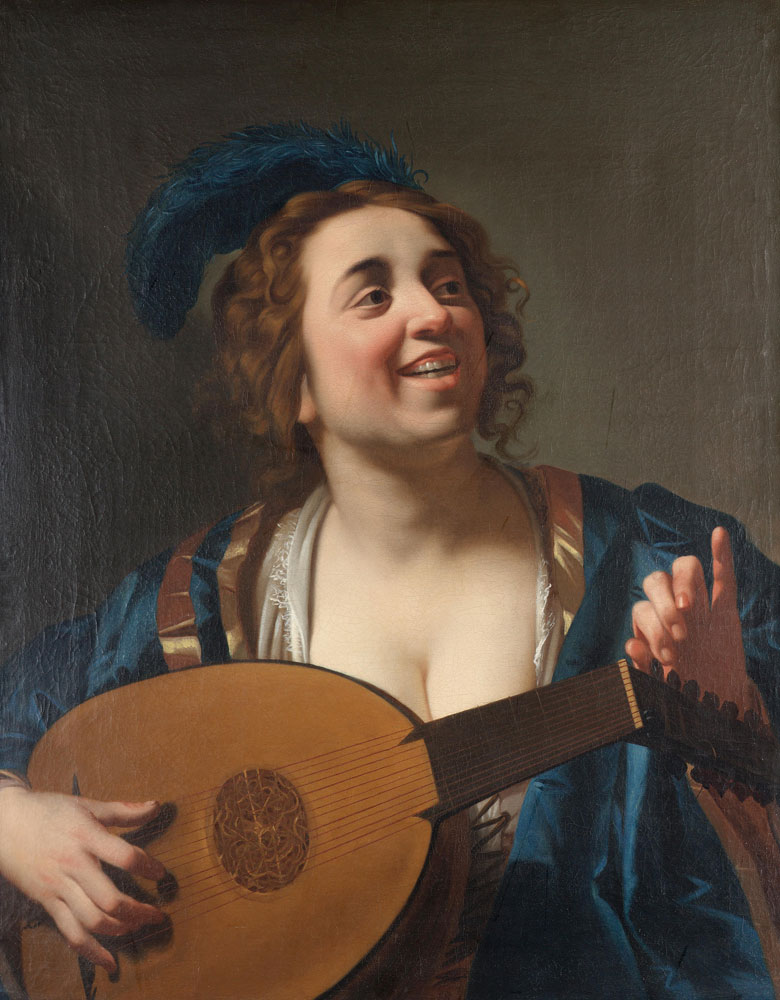 Studio of Gerrit van Honthorst - A woman tuning a lute