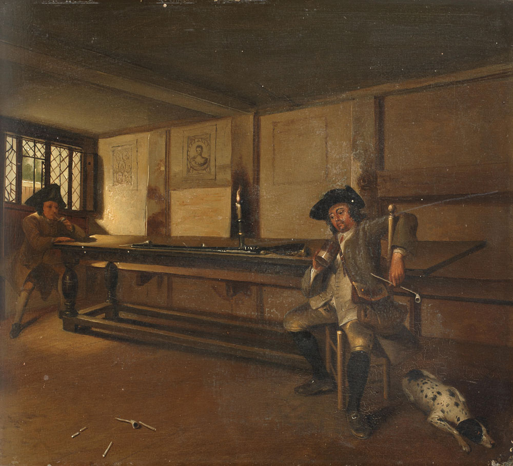 Circle of Jacobus Buys - Huntsmen smoking in an interior with a dog