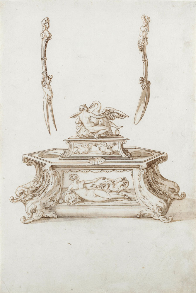 Jacopo Strada - Designs for a salt cellar and egg dish with Leda and the Swan, with a fork and spoon