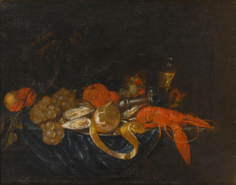 Jan Pauwel Gillemans the Younger - A pewter dish of oysters, lobster and a peeled lemon