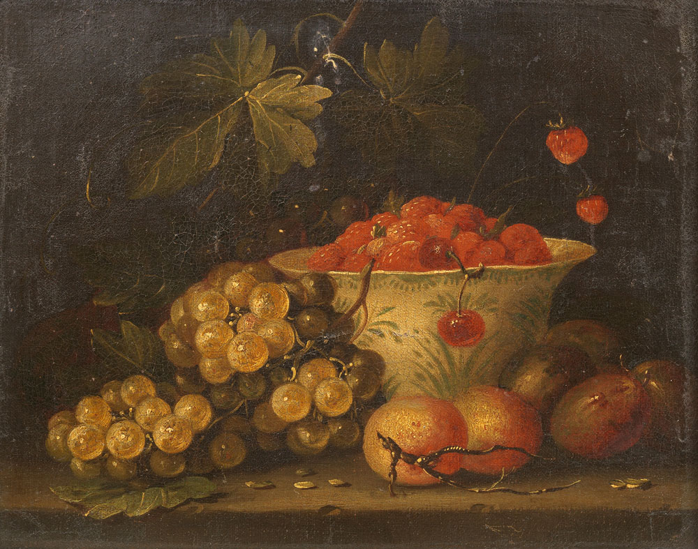 Attributed to Jan Pauwel Gillemans the Younger - A dish of wild strawberries with grapes and plums on a stone ledge