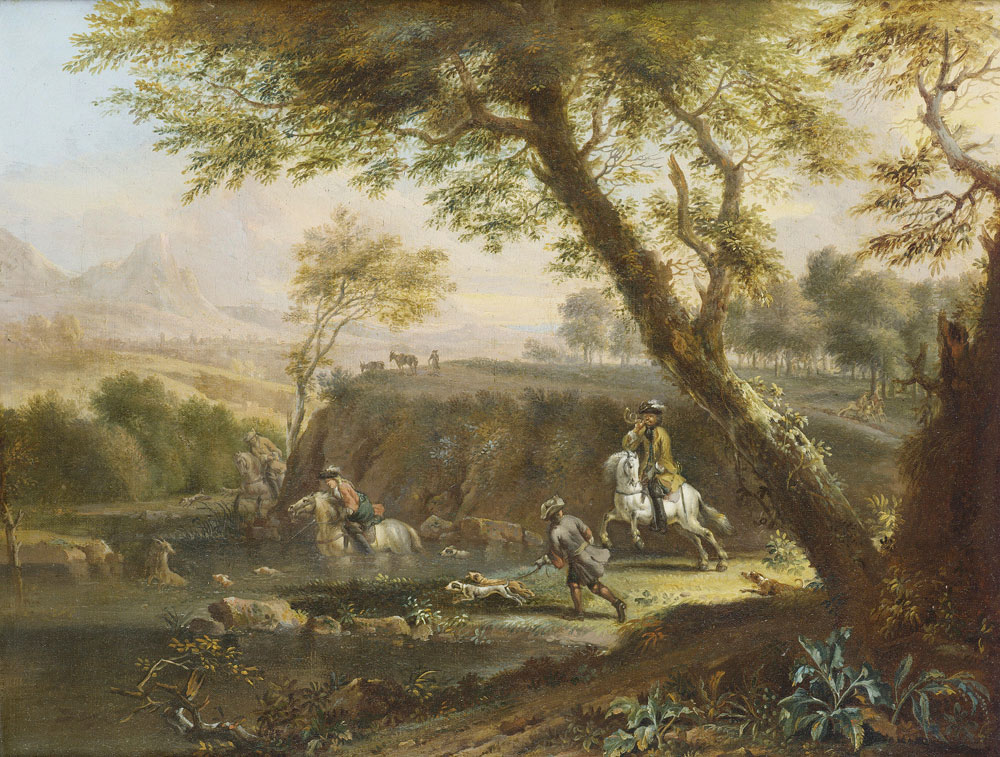 Attributed to Jan Wyck - A wooded river landscape with a stag hunt