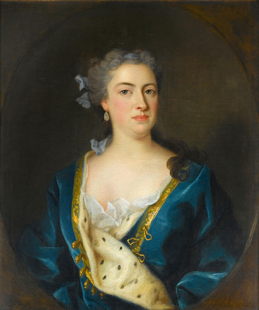 Circle of Jean-Baptiste van Loo - Portrait of a lady, half-length, in a blue ermine-lined robe
