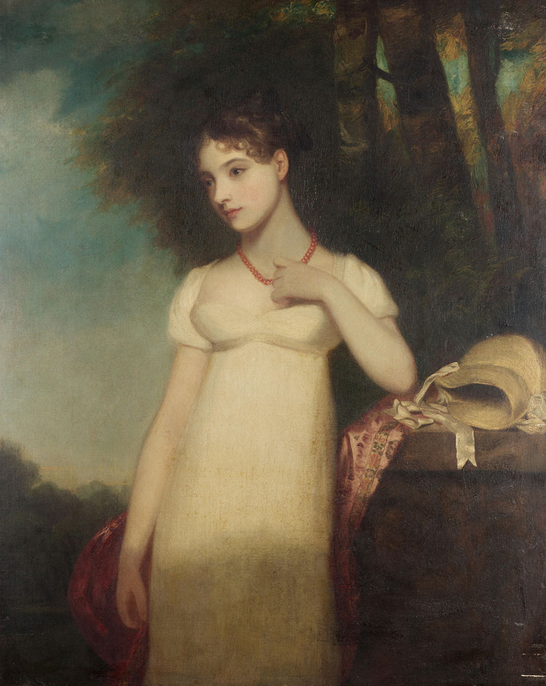 Circle of Sir John Hoppner - Portrait of a young woman, standing three-quarter-length