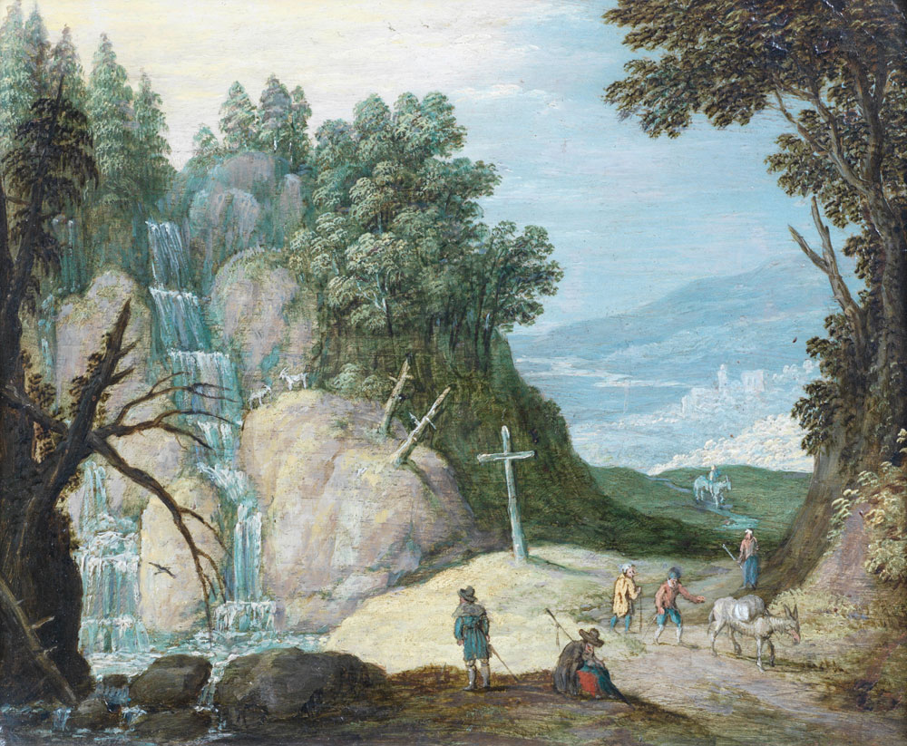 Marten Ryckaert - Figures before a waterfall, a town beyond