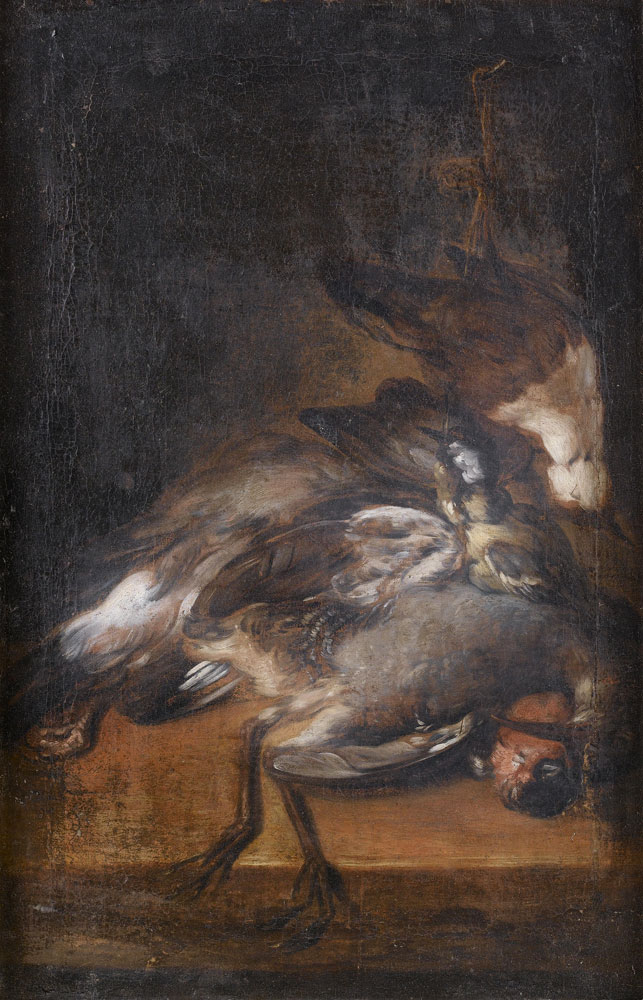 North Italian School - A great tit, hanging above a finch and other dead birds