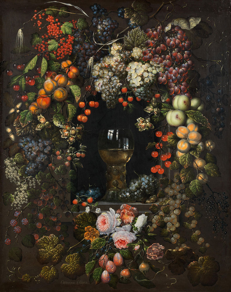 Ottmar  Elliger the Elder - A roemer in a garland of fruit and flowers