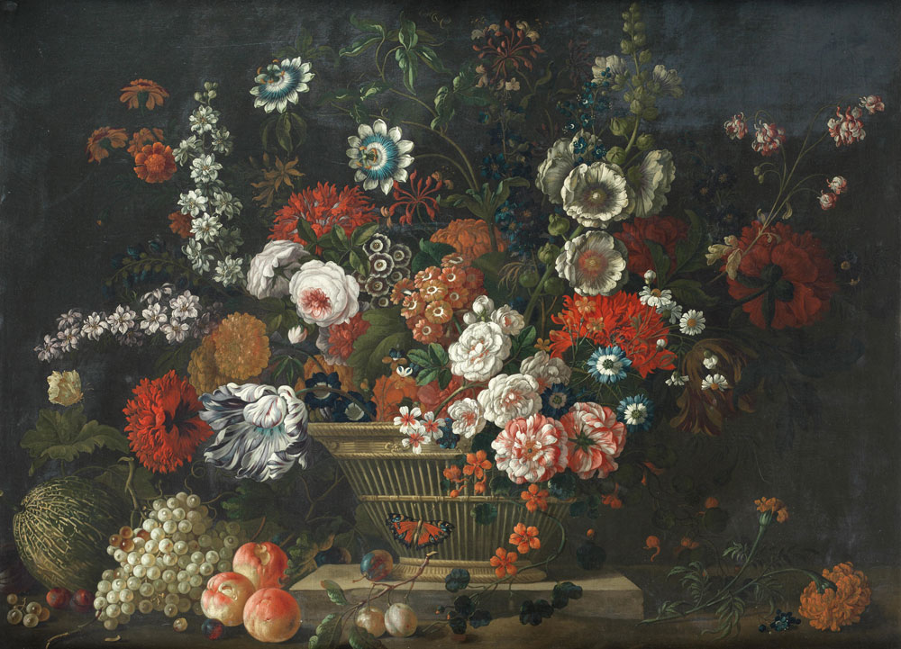 Pieter Casteels III - Roses, tulips, hollyhocks, poppies, passion and other flowers in a basket on a stone