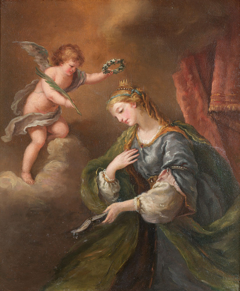 Spanish School - A putto crowning Saint Dorothea with a garland of flowers