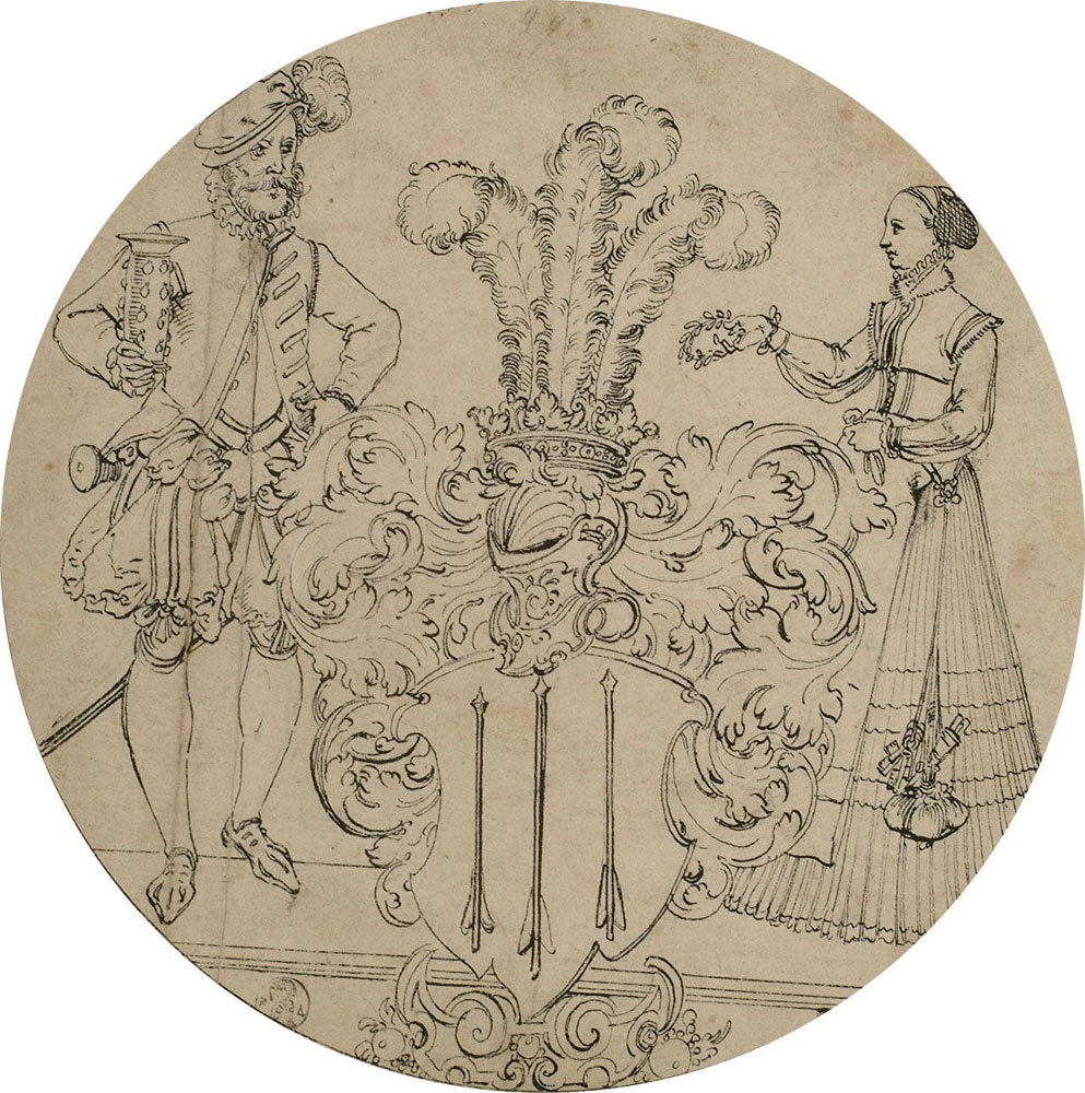 Swiss School - Design for a stained glass roundel: a man and woman flanking a coat-of-arms round shape