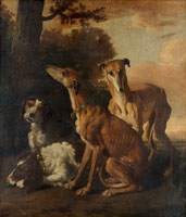 Attributed to Abraham-Danielsz. Hondius Two greyhounds with a setter and a hound in a landscape