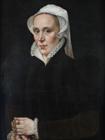 Attributed to Adriaen Thomasz. Key Portrait of a lady, half-length, in a black dress with a white lawn headdress, holding a gold chain