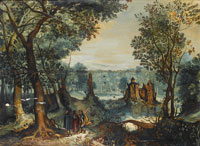 Follower of David Vinckboons A wooded river landscape with Christ and two disciples on the road to Emmaus