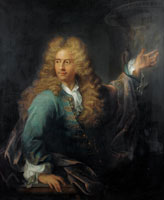 Manner of François de Troy Portrait of a gentleman, three-quarter-length, in a blue coat, standing before a classical urn