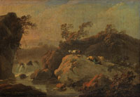 Jean-Baptiste Pillement A shepherd tending his flocks in a hilly, river landscape