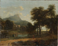 Attributed to Jean-Victor Bertin A wooded landscape with a shepherd before a hamlet