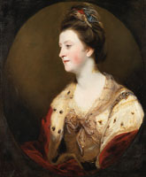 Joshua Reynolds Portrait of Emily Mary, Duchess of Leinster, bust-length, in a pink dress and ermine shawl, within a painted oval