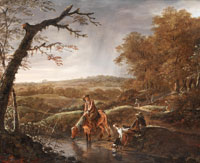 Ludolf de Jongh Hunters at rest with a horse and dog near a stream