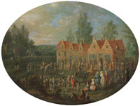 Follower of Mathys Schoevaerdts Figures gathered by a large country house, a landscape beyond