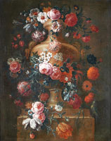Pieter Frans Casteels - Roses, tulips, convulvus, narcissi and other flowers in an urn, on a stone ledge