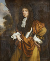 Circle of William Wissing Portrait of a gentleman, standing three-quarter-length, in a breast plate, a buff coat, a jabot and a brown wrap, a view to a landscape beyond