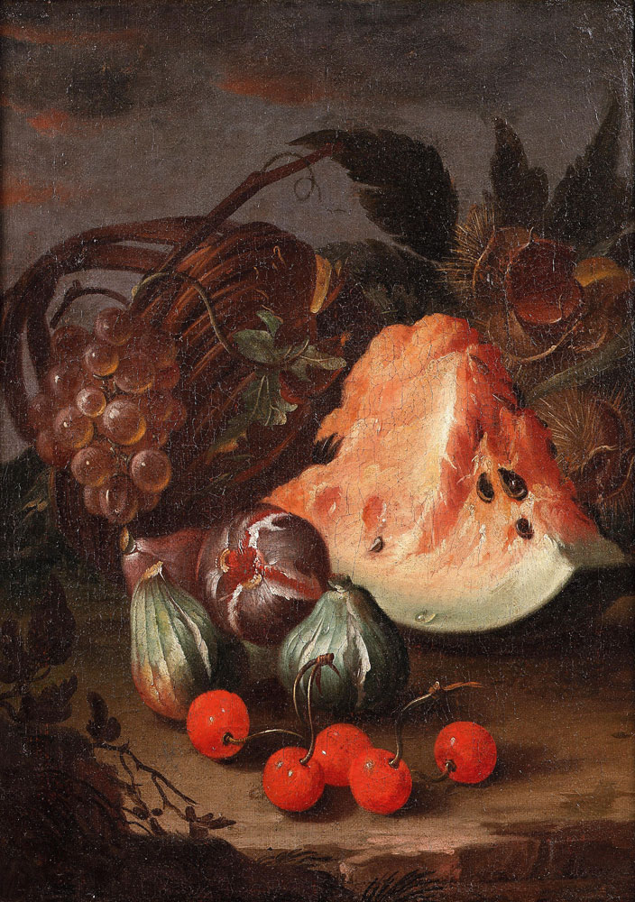 Circle of Abraham Breughel - A slice of watermelon, figs, cherries and chestnuts with an upturned basket and grapes on a stone ledge