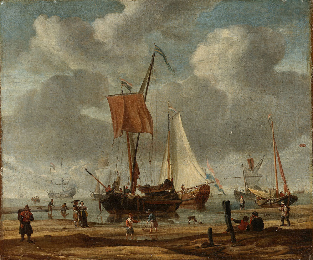 Abraham Storck - A coastal landscape with pinks, a state barge and a man o'war in a calm, with elegant figures and fishermen on the shore