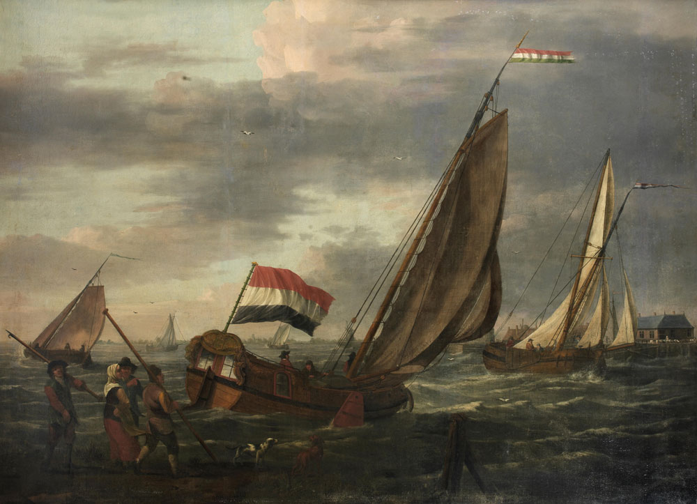 Follower of Adam Silo - Small Dutch sailing vessels near the coastline of the city of Dordrecht, a group of figures on the shore in the foreground