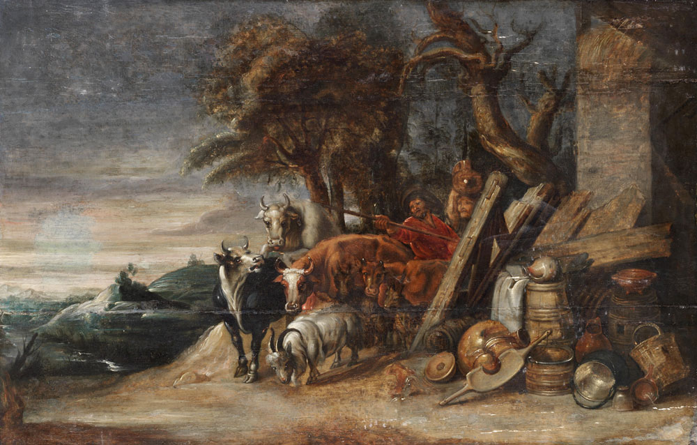 After Peter Paul Rubens - Drovers and cattle on a country path, before an open landscape