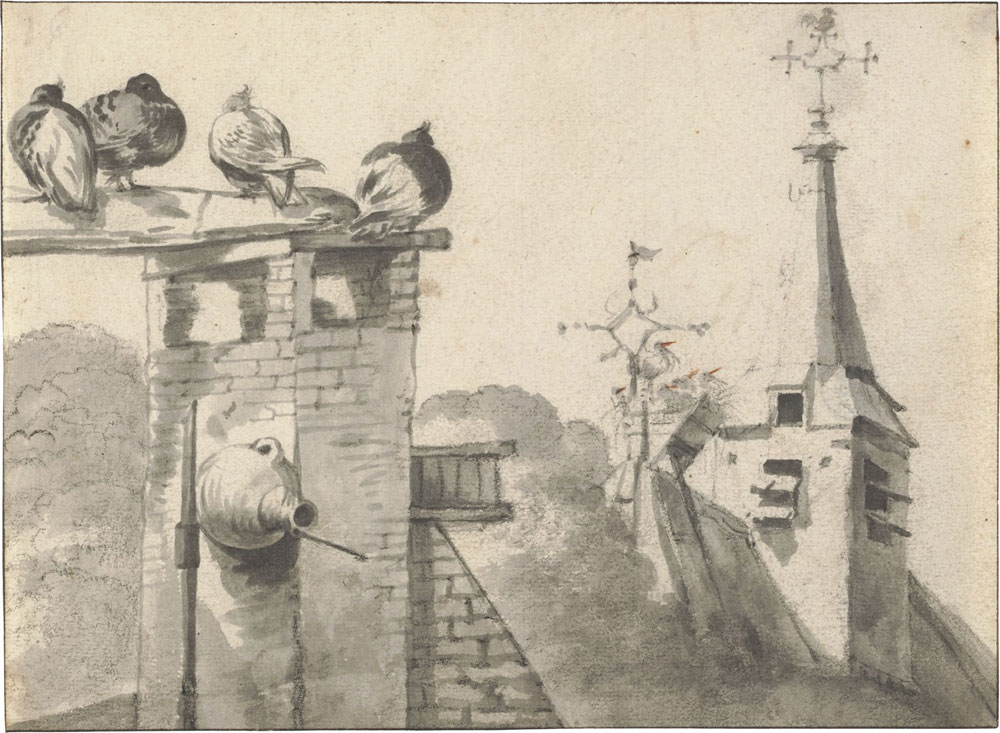 Cornelis Saftleven - Pigeons on a Chim­ney and a Nest of Storks by a Steeple