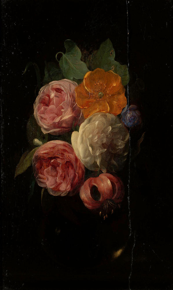 Circle of Daniel Seghers - Peonies, convulvulus and other flowers in a glass vase on a ledge