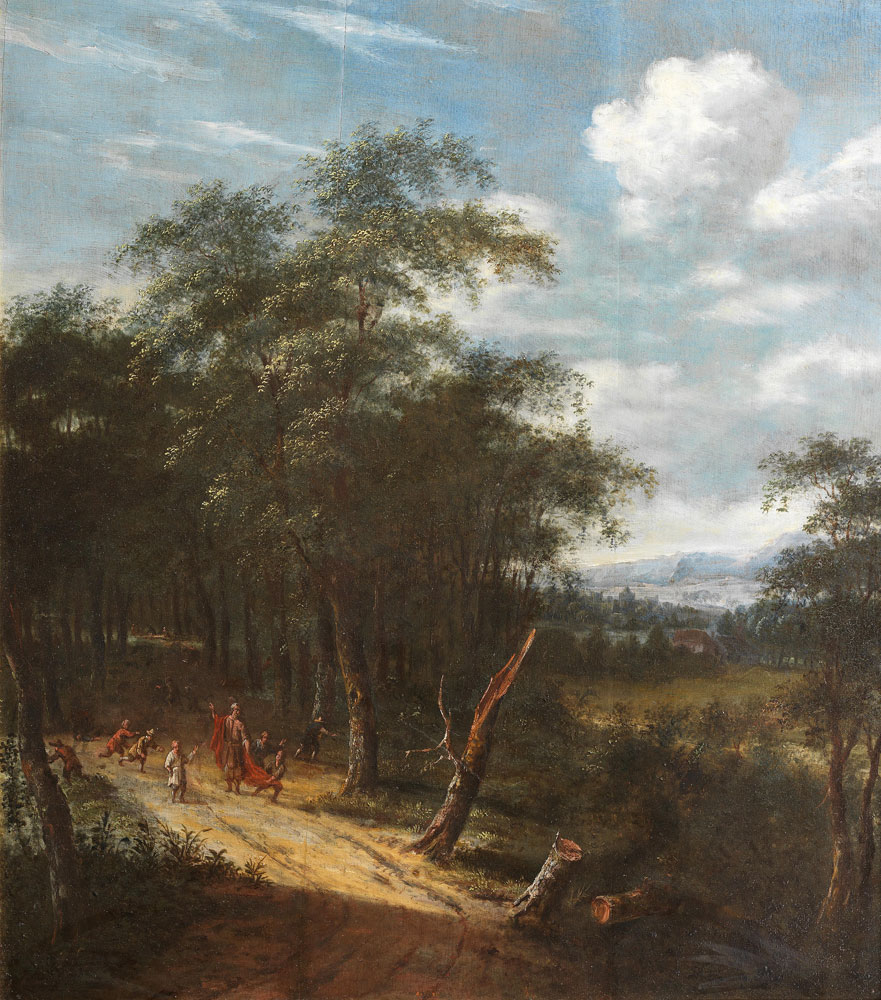 Dionys Verburgh - A wooded landscape with children playing on a path