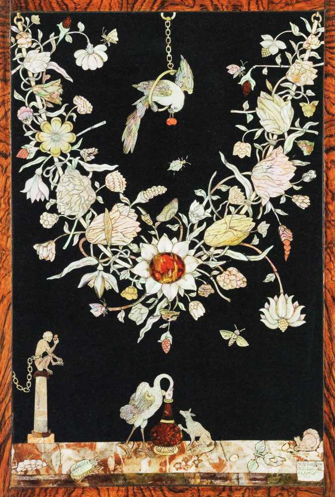 Dirck van Rijswijck - Panel with a garland of flowers and animals