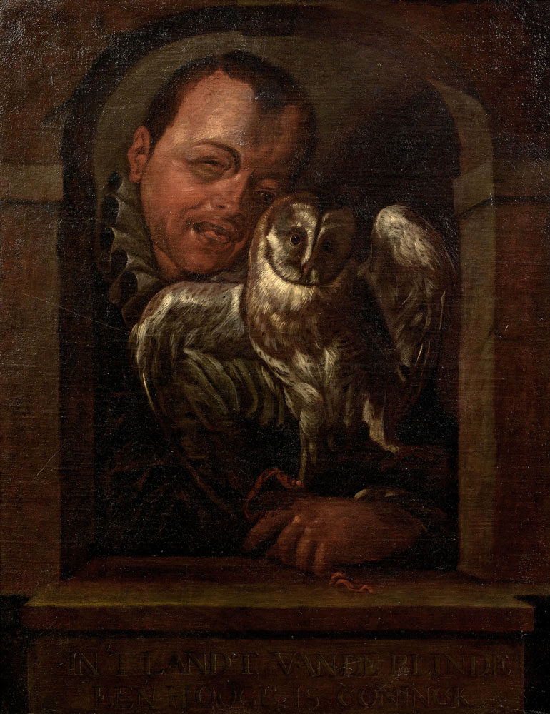 Dutch Follower of Hans von Aachen - A man with an owl looking through a stone arch