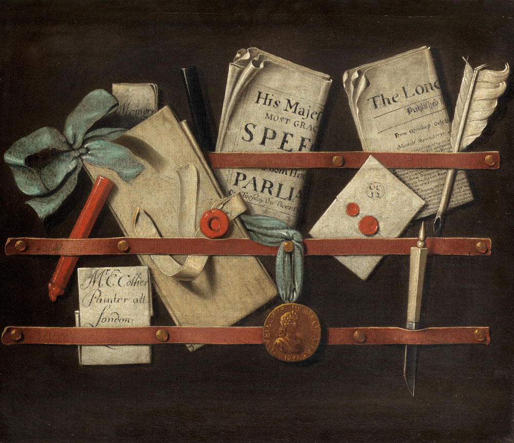 Edward Collier - A trompe l'oeil still life of a letter rack with a quill pen, pamphlets, sealing wax and various papers
