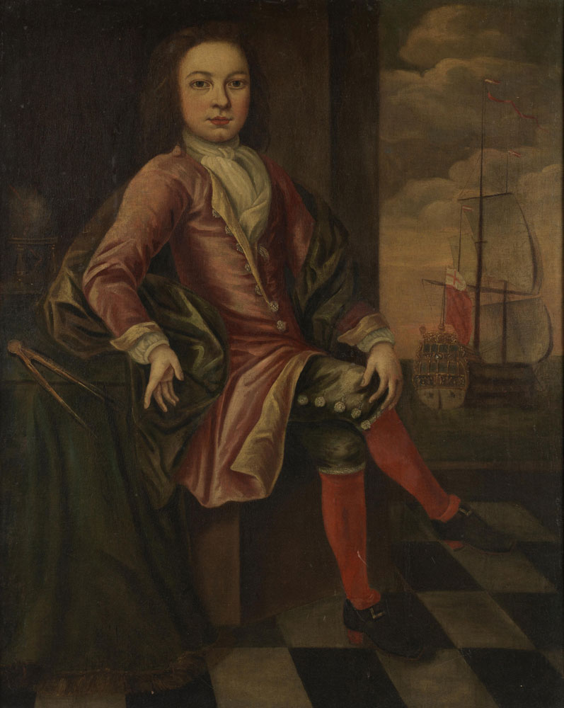 English School - Portrait of a midshipman, full-length, in a red velvet coat and a white jabot