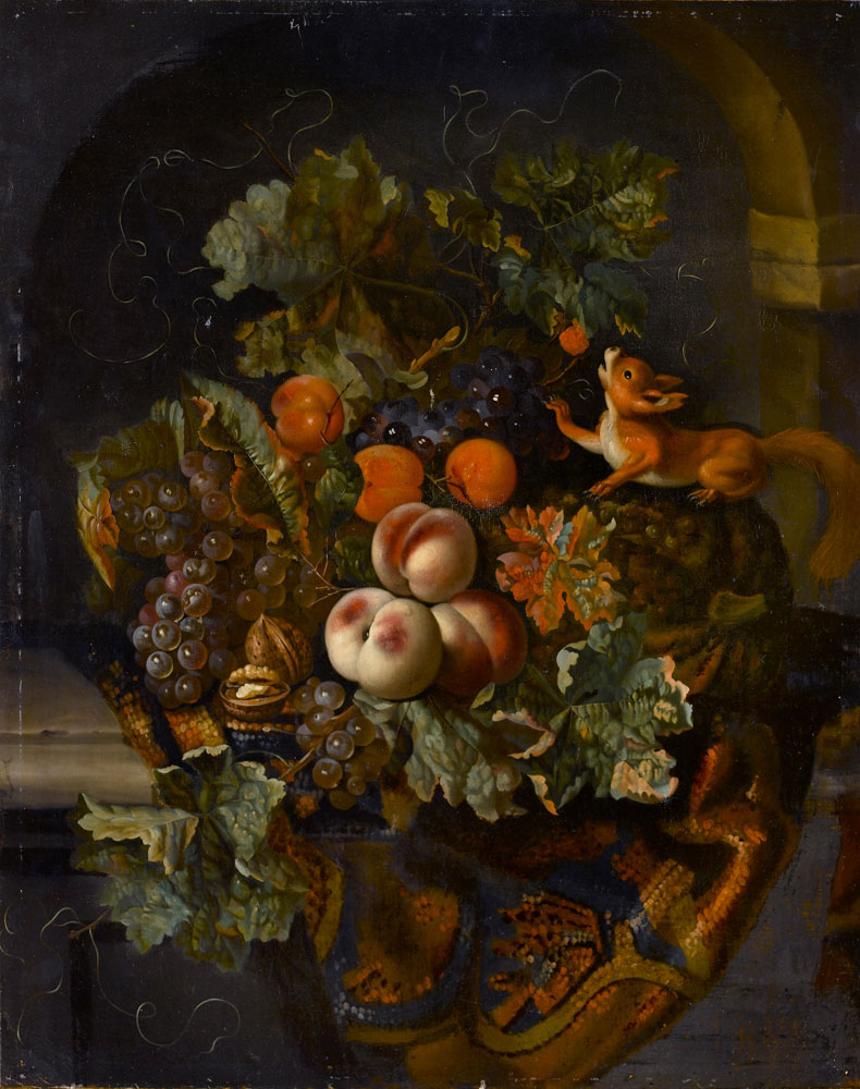 Ernst Stuven - Peaches, apricots, grapes, vine leaves, a gourd and a red squirrel on a draped ledge in a stone niche