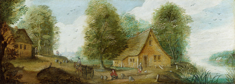 Flemish School - A riverside village with travellers on a country path