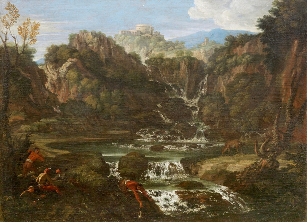 Gaspard Poussin - An extensive river landscape with a waterfall