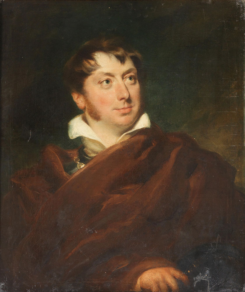 Attributed to George Henry Harlow - Portrait of a gentleman, possibly an actor?, bust-length, in a brown cloak