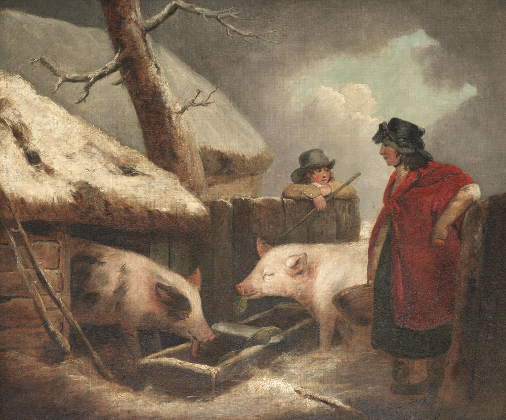 Attributed to George Morland - Peasants attending to their pigs