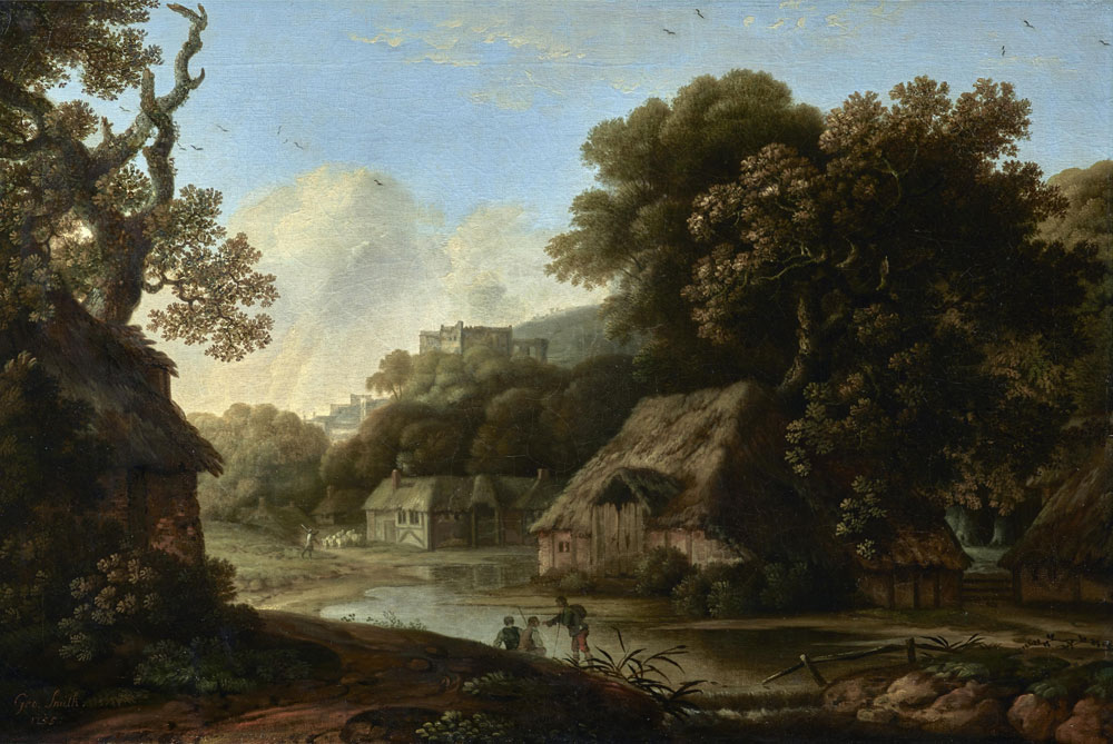 George Smith - A wooded landscape with cottages by a pool, a town beyond