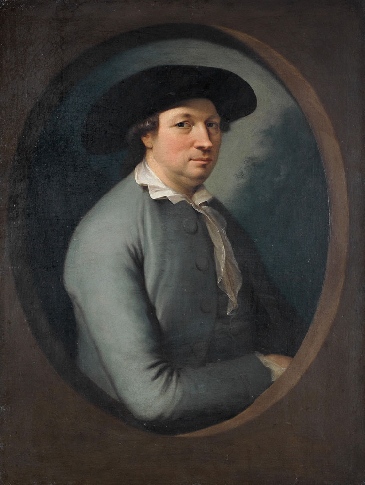 German School - Portrait of a gentleman, half-length, in a blue coat and black hat, within a painted oval