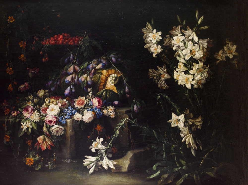 Giuseppe Vincenzino - A still life of lilies, roses, tulips and other flowers with a split melon and a bowl of strawberries upon ruined stonework