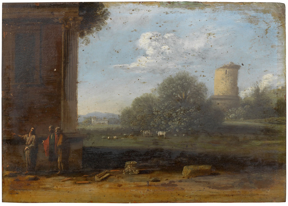 Attributed to Goffredo Wals - An Italianate landscape with figures conversing in the foreground