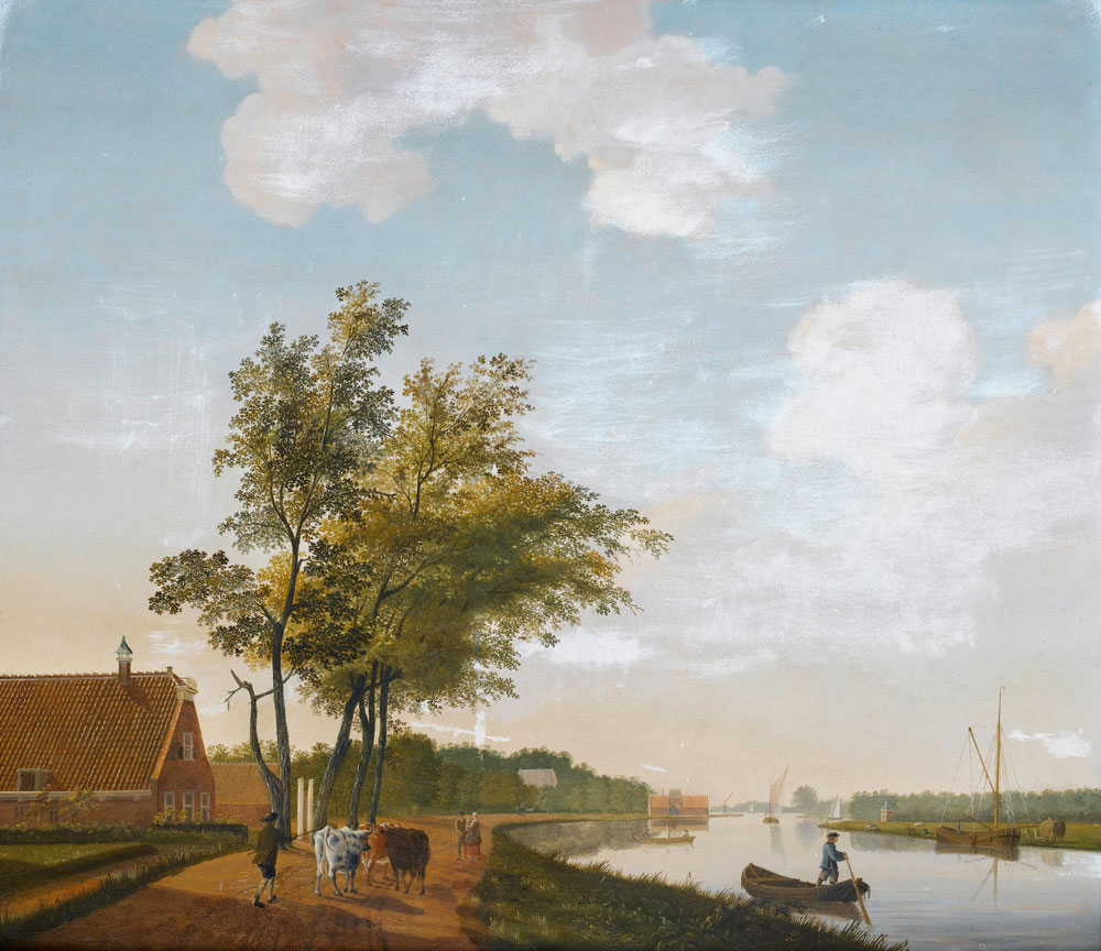 Attributed to Hendrik Keun - An extensive river landscape with a drover and his cattle on a country path