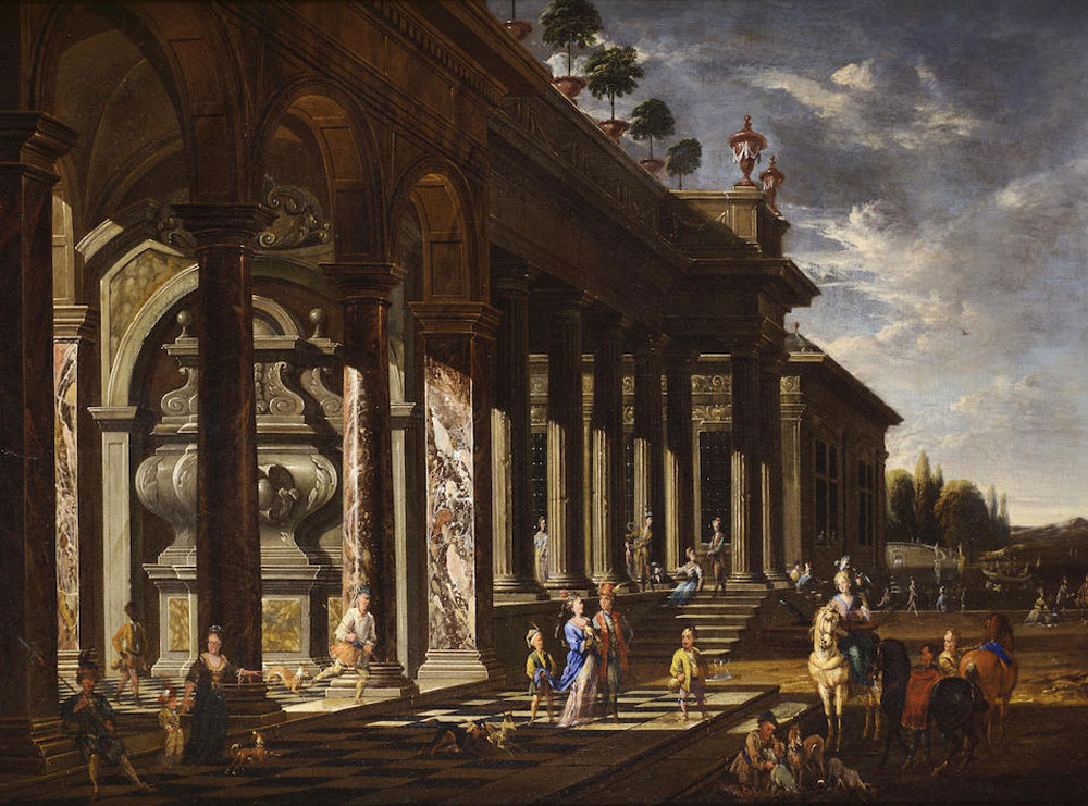 Jacob Ferdinand Saeys - An architectural capriccio with figures before a loggia