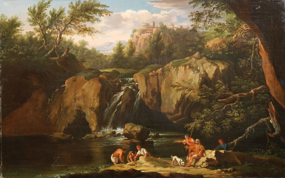 After Jakob de Heusch - Figures bathing before a waterfall,