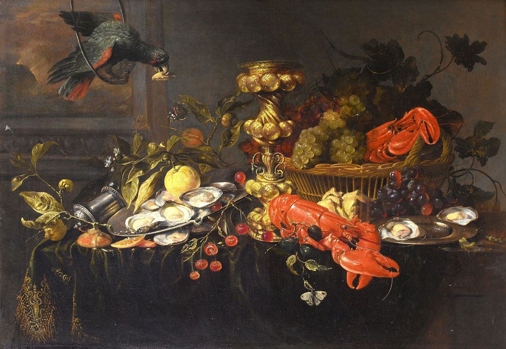 Attributed to Jan Pauwel Gillemans - A parrot before an open window with lobsters, oysters, lemons and cherries