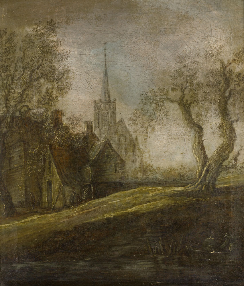 Follower of Jan Josefsz. van Goyen - Figures approaching a shore on a barge, a church on the horizon